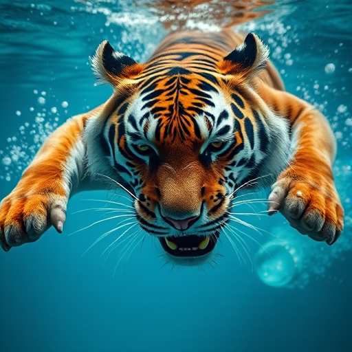 Capture a close-up of a tiger swimming underwater, showcasing its powerful movements while it's mid-action, using a DSLR camera with a 24mm lens, aperture f/8, shutter speed 1/500s, ISO 400, underwater housing, high-dynamic range imaging for enhanced clarity and detail.