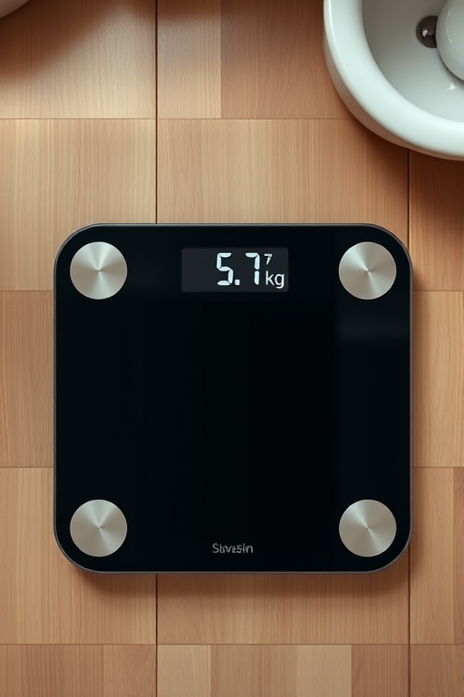 Generate a high-resolution image of a digital bathroom scale displaying 55.7 kg, using a DSLR camera with a 50mm lens at f/2.8, ISO 200, 1/100 sec shutter speed, in a well-lit indoor environment with a top-down view.