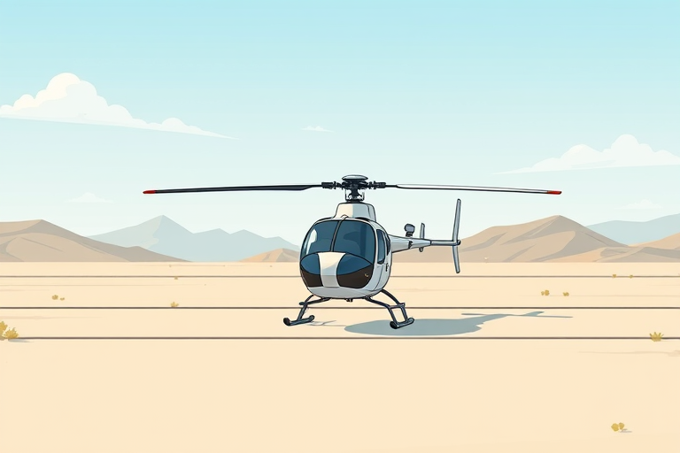 Create a high-resolution cartoon-style illustration of a helicopter in a minimalist landscape, using a Canon EOS R5 camera with a 50mm f/1.2 lens, aperture set to f/8, ISO 100, and a shallow depth of field to focus on the helicopter while blurring the background.