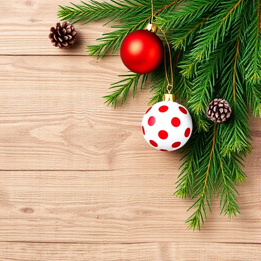Create an image of a rustic wooden table surrounded by green pine branches. Include a few pine cones and two Christmas ornaments: one red and one white with polka dots. The composition should have a cozy, festive feel, with a natural wood texture as the background.