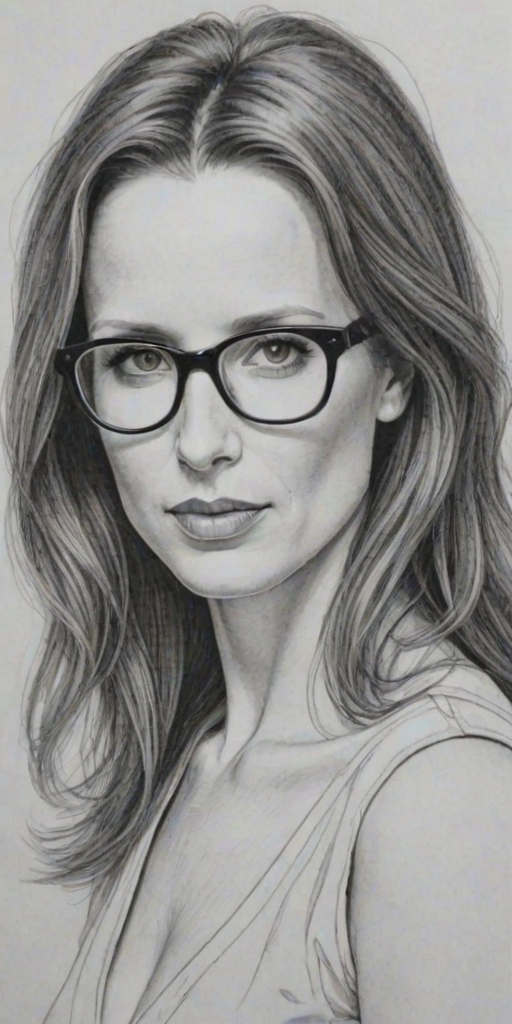 Fascinating Shawnee Smith, pencil sketch, portrait of Enticing woman 1974s in glasses, hair style beatnik, outline, clear lines, fine lines, 8k