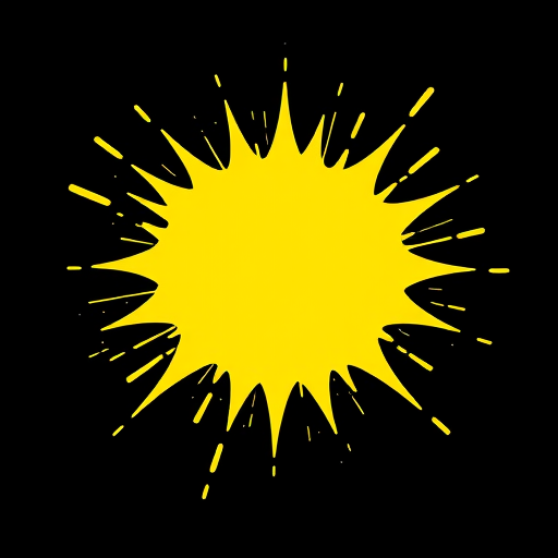 Create a bright yellow comic-style explosion graphic on a black background with high contrast, using a DSLR camera with a 50mm lens, f/1.8 aperture, 1/200 shutter speed, and top-down view for sharp details and vibrant colors.