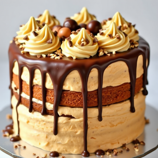 Create a delicious chocolate peanut butter cake with layers of creamy frosting topped with chocolate ganache. Decorate with swirls of buttercream frosting, chocolate candies, and crushed nuts. The cake should have a rich and indulgent appearance, with drips of chocolate glaze cascading down the sides.