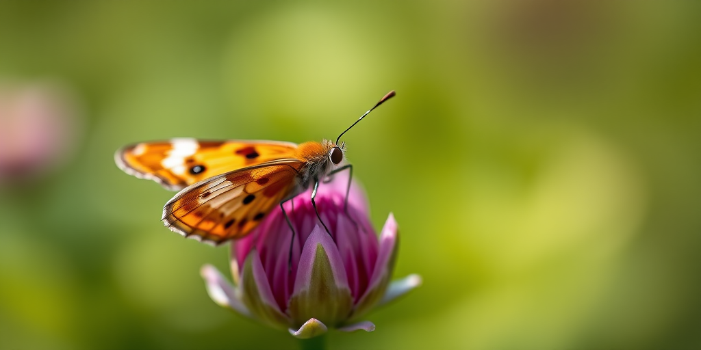macro photograph of a butterfly perched on a flower bud, shallow depth of field, f/2.8, 1/200s, ISO 100, 85mm lens, natural light, Canon EOS 5D Mark IV