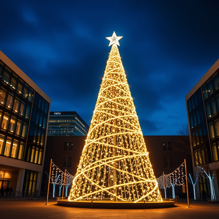 Generate an image of a large, brightly lit Christmas tree with a star on top, set in an outdoor plaza during twilight. The tree should be made of glowing lights arranged in a conical shape, surrounded by modern architecture. The scene should convey a festive and warm atmosphere, emphasizing the tree's height and the twinkling lights.