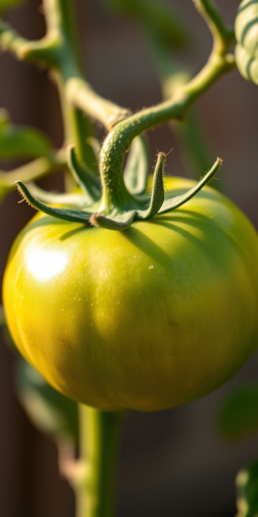close-up of a green tomato on a vine, shallow depth of field, f/2.8, 1/200 sec, ISO 100, macro lens, soft natural lighting, DSLR camera