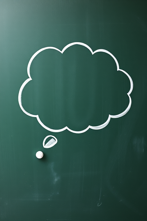 A chalkboard with a large blank thought bubble sketched in white, overhead shot, DSLR camera, aperture f/4, shutter speed 1/100s, ISO 200, natural lighting, focus on bubble, textured surface detail.
