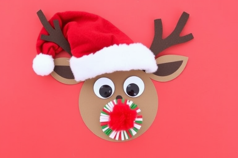 Create a playful holiday-themed image featuring a reindeer face made from various craft materials. The reindeer should have a red Santa hat, large googly eyes, and a colorful pom-pom nose. The background should be a solid, vibrant color to enhance the festive look.