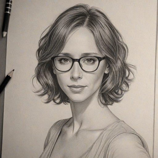 Pleasing Jennifer Love Hewitt, pencil sketch, portrait of Pleasing woman 1933s in glasses, hair style beatnik, outline, clear lines, fine lines, 8k