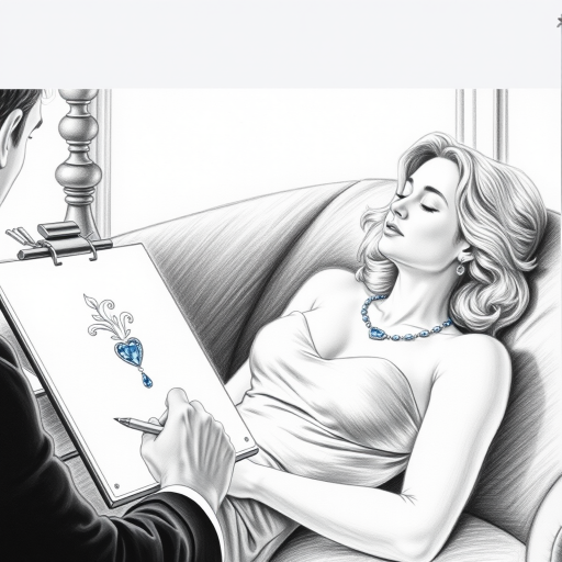 A hyperdetailed photorealistic black and white pencil sketch of the scene from the film Titanic where Jack is sketching Rose's portrait on his art pad as she reclines on the couch, wearing a bright sapphire blue diamond necklace with a heart-shaped diamond. The drawing on his art pad resembles Rose. Both Rose and the drawing of Rose are shown in the same image.