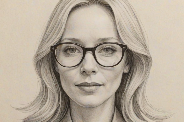 Fetching Anne Heche, pencil sketch, portrait of Resplendent woman 1967s in glasses, hair style beatnik, outline, clear lines, fine lines, 8k