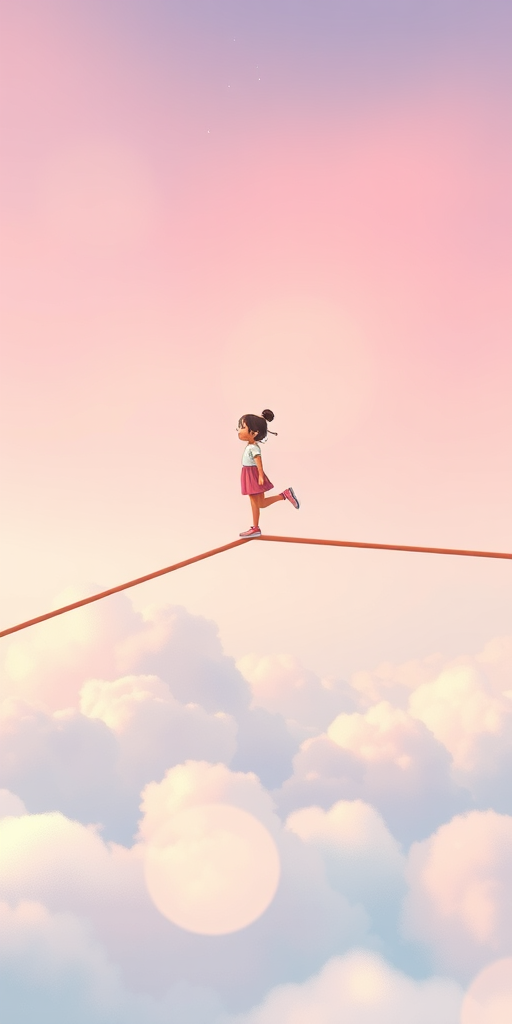Create a digital illustration of a girl balancing on a narrow beam above a soft, cloudy background, using a Canon EOS R5 with a 50mm f/1.8 lens, aperture set to f/2.8 for a shallow depth of field, capturing a slight upward angle with vibrant pastel colors and a whimsical style.