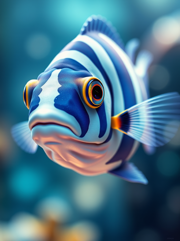 Create a vibrant, high-resolution illustration of a fish with blue and white stripes, using a close-up angle, soft focus background, and digital painting style, simulating a DSLR camera with an aperture of f/2.8 for depth of field and a shutter speed of 1/200s.