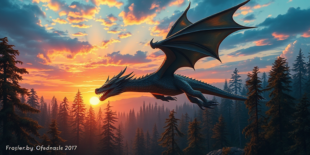 Generate a detailed illustration of a majestic dragon flying over a mystical forest during sunset, with vibrant colors and intricate details using a DSLR camera, 50mm lens, f/1.8 aperture, ISO 100, and a landscape orientation for enhanced depth and clarity.