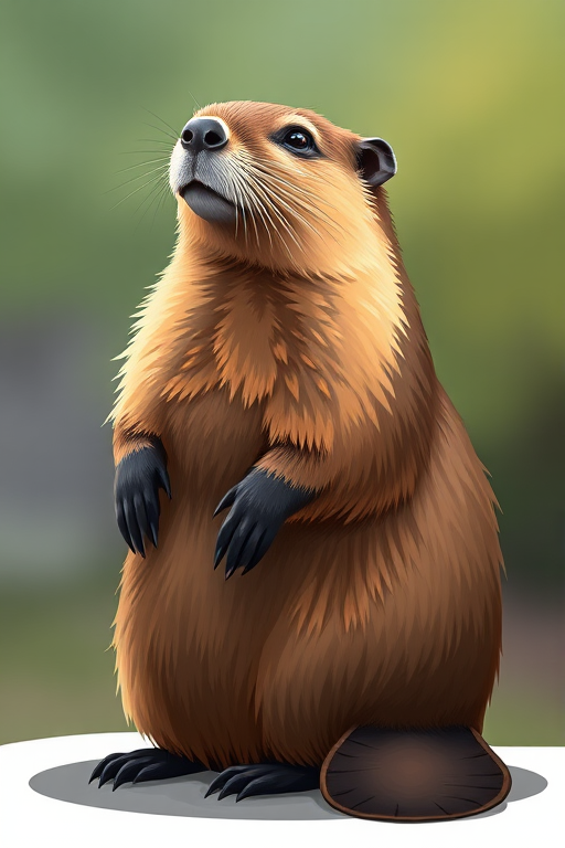 Create an illustration of a beaver sitting upright, showcasing its detailed fur texture and large flat tail, use a vibrant color palette, with a focus on natural lighting, shot with a DSLR camera, 50mm lens, f/2.8 aperture, ISO 100, and a shallow depth of field for a blurred background.