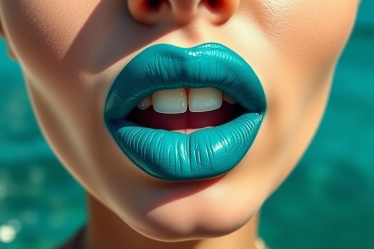 Striking two-toned lips featuring contrasting shades of teal and turquoise, expertly blended for a unique ombre effect, photographed against a complementary ocean backdrop