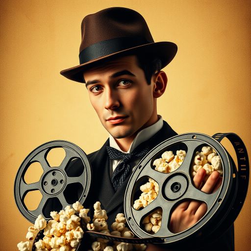 Create an image of a vintage film-themed poster featuring a classic silent film character wearing a bowler hat, surrounded by a film reel and popcorn, with a textured background resembling aged paper, captured with a DSLR camera at f/2.8, ISO 100, 50mm lens, in portrait mode, using soft natural lighting for a warm effect.