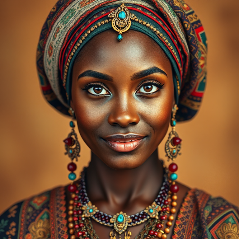 Create a portrait of a beautiful Creole woman with striking brown eyes and a gentle expression. She is adorned in traditional attire with intricate patterns, including a richly embroidered headscarf and matching garments. Her jewelry includes a delicate headpiece, dangling earrings, and ornate bracelets, all featuring vibrant gemstones and detailed metalwork. The background is soft and warm, enhancing the rich colors of her outfit and jewelry.