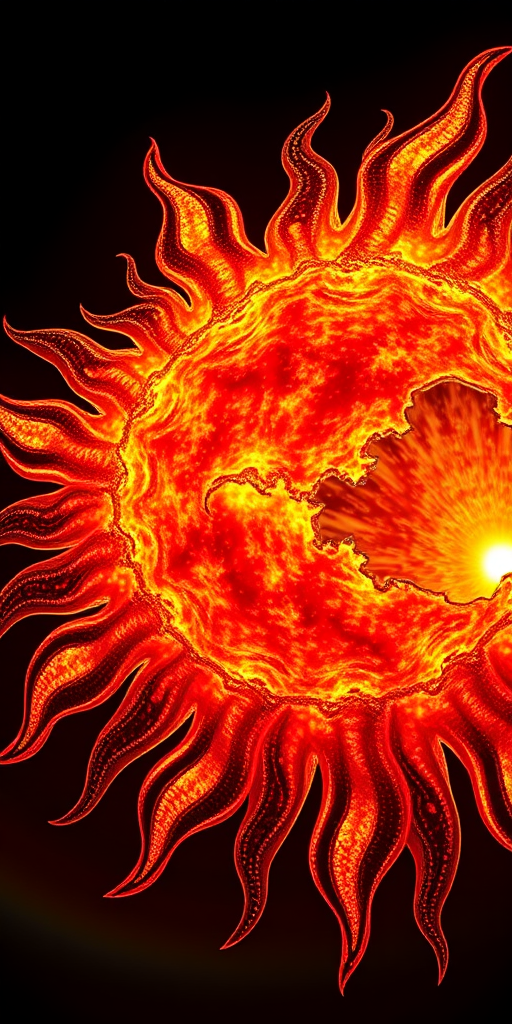 High-resolution image of a stylized sun with intricate textures and glowing flames, shot with a DSLR camera at f/8 aperture, ISO 100, 1/200 sec shutter speed, wide-angle lens, and taken from a low angle to emphasize its brightness and details.