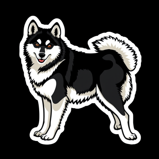 generate sticker, 3D black and white yakutian laika dog breed, black background