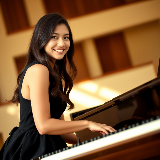 A young woman with long, dark hair smiles at the viewer as she sits at a grand piano, her right hand poised over the keys. The scene is lit by warm, natural light, highlighting the elegant simplicity of the woman's black dress. The perspective is from the side, emphasizing the contrast between the woman's delicate form and the grand scale of the piano. The ivory keys and dark wood of the piano create a striking visual contrast, further emphasized by the rich black of her dress.