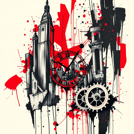 Trash polka tattoo called "Urban Decay" combining photorealistic elements with abstract brushstrokes and splatters in bold red and black ink, featuring a crumbling cityscape and clock gears