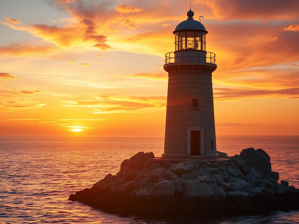 Generate an image of a tall lighthouse perched on a rocky outcrop surrounded by calm ocean waters during a breathtaking sunset. The lighthouse stands sturdy and weathered, its stone surface illuminated by the warm golden light of the setting sun. The sun's rays pass directly through the glass lantern room at the top of the lighthouse, casting a brilliant light across the scene. The sky is painted with vibrant shades of orange, pink, and purple, reflecting off the tranquil sea. The surrounding water shimmers with the same warm hues, creating a serene and majestic atmosphere.