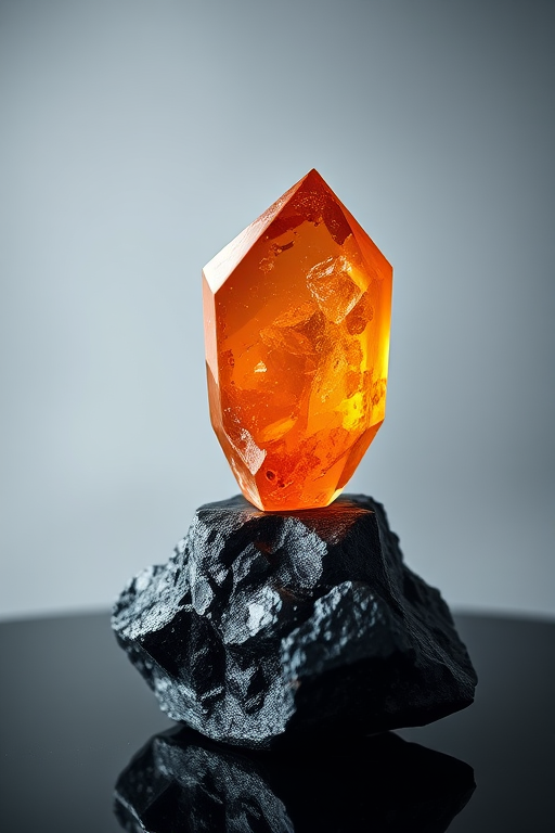 Create a hyper-realistic image of a large, faceted orange crystal sitting atop a glossy black mineral base, illuminated by soft, diffused lighting to highlight the crystal's reflections and clarity, shot with a 50mm lens at f/2.8, ISO 100, and a shallow depth of field to create a blurred background effect.