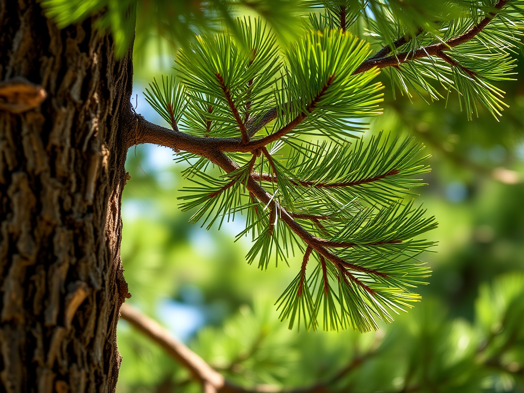 Create a detailed illustration of a pine tree with vibrant green foliage and a sturdy brown trunk, using a 50mm lens, f/8 aperture, ISO 100, soft natural lighting, and a shallow depth of field, capturing the essence of the tree in a bright, inviting manner.