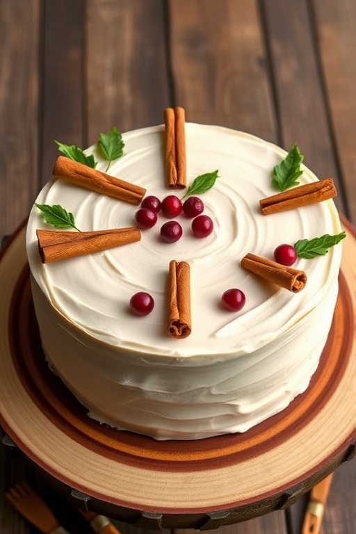 A beautifully decorated cake with a smooth, cream-colored frosting topped with cinnamon sticks, fresh cranberries, and green leaves arranged in a circular pattern on a wooden cake stand with a rustic background.