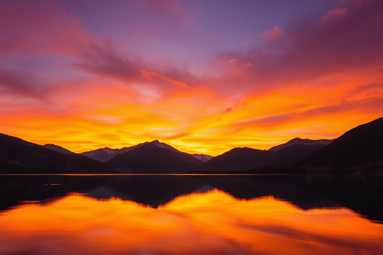 create a high-resolution image of a serene landscape featuring a calm lake reflecting mountains at sunset, with vibrant orange and purple hues in the sky, captured using a DSLR camera at f/8 aperture, ISO 200, 1/125 sec shutter speed, shot from a low angle for a dramatic perspective in landscape photography style