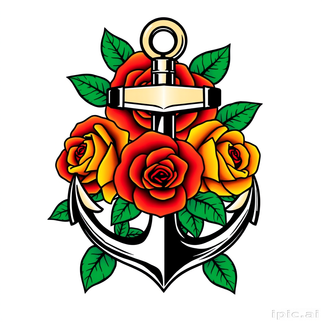 Traditional American tattoo style piece called "Sailor's Devotion" featuring a bold anchor wrapped in vibrant roses with classic red, green, and yellow color palette and thick black outlines