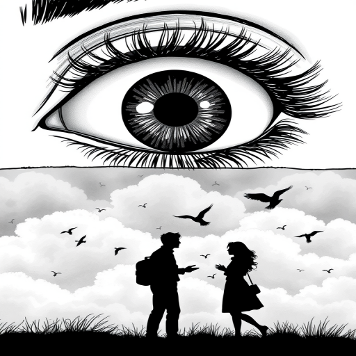 Create a black and white illustration featuring a large eye in the top half with textured eyelashes, on the bottom half depict two silhouetted figures engaged in conversation against a cloudy background with birds flying, use a DSLR camera setup with a 50mm lens, aperture f/1.8, ISO 100, and a slightly elevated angle for depth, ensuring high contrast and clarity.