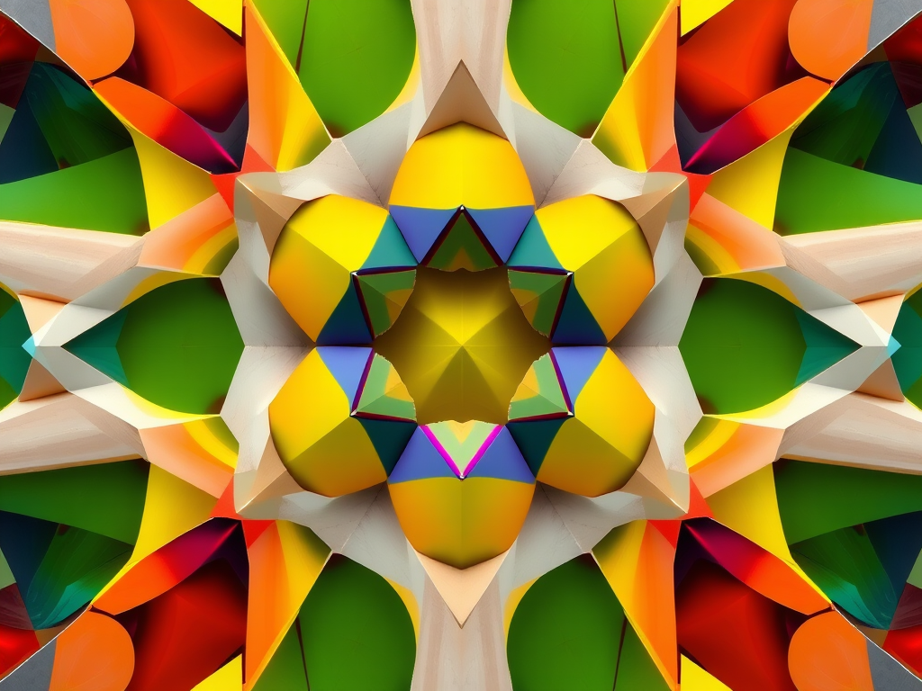 Regenerate an abstract geometric pattern with vibrant colors and high contrast, shot with a Canon EOS R5 at f/8, 1/125s, ISO 100, using a wide-angle lens from a top-down perspective to enhance clarity and detail.