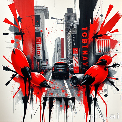 Trash polka tattoo titled "Urban Chaos" combining bold red and black elements with photorealistic imagery and abstract brush strokes to represent the energy of city life