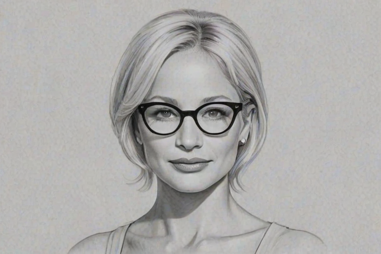 Splendid Ellen Barkin, pencil sketch, portrait of Radiant woman 1955s in glasses, hair style beatnik, outline, clear lines, fine lines, 8k