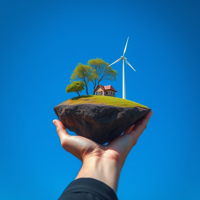 Create a surreal image of a person holding an island with a house, tree, and wind turbine in a bright blue sky, using a Canon EOS R5 with an aperture of f/8, ISO 100, 50mm lens, wide-angle view, in high dynamic range style.
