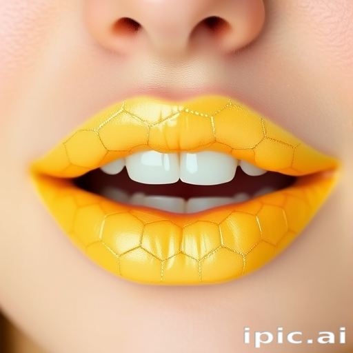 Pastel yellow lips with honeycomb patterns in gold, christened "Sunshine Nectar," create a cheerful and unique look with a creamy finish for springtime brunches and picnics