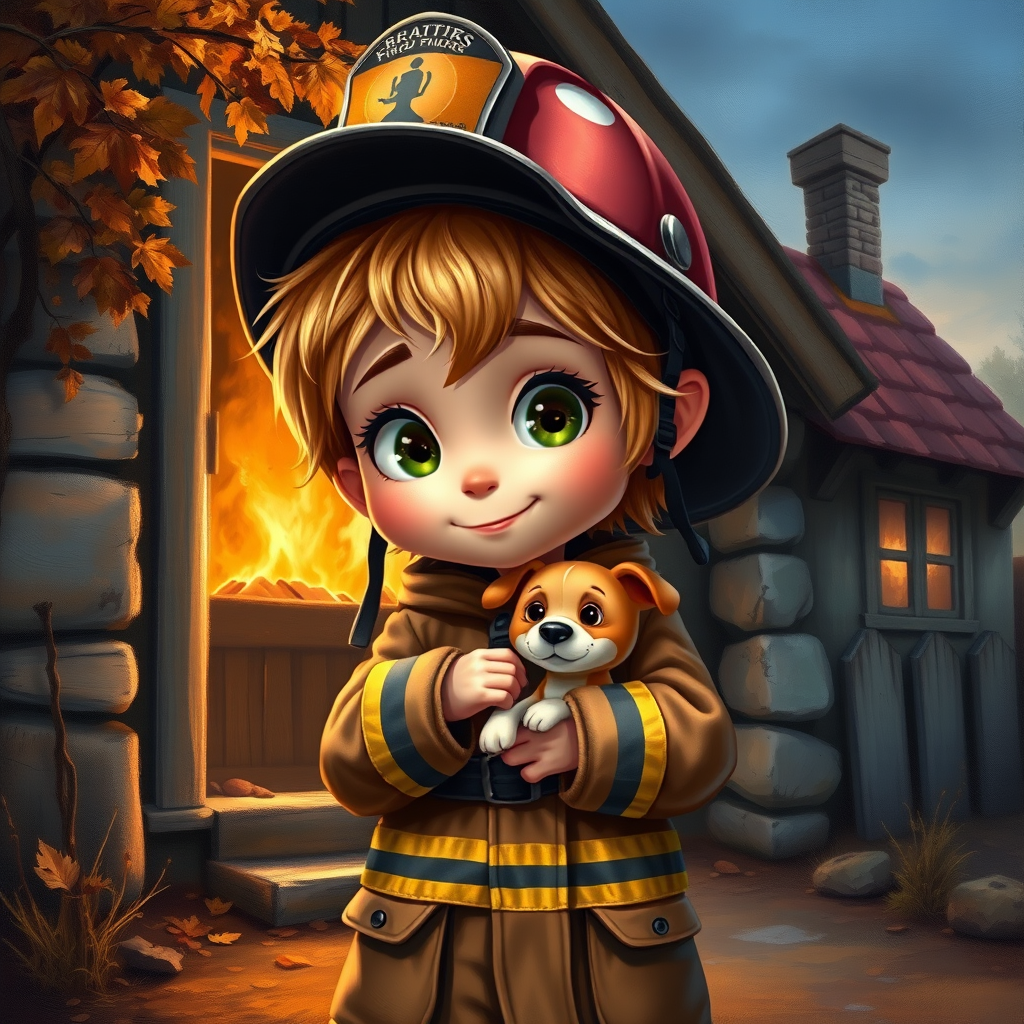 airbrushed oil painting, pixar style, cute little girl in fireman gear, helmet, tousled hair, expressive eyes, standing in the doorstep of a cottage burning behind him, holding a cute little dog in her arm, atumn sky
