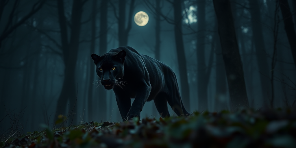 regenerate a majestic black panther prowling through a misty forest with moonlight filtering through the trees, ISO 800, f/2.8, 1/60s, 50mm lens, low angle shot, DSLR camera, high dynamic range processing for enhanced detail and depth