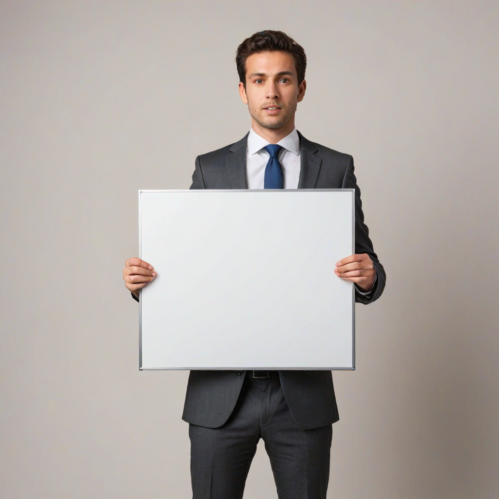 Create an image of a professional individual in a business suit, holding a large blank whiteboard in front of their face. The background should be neutral to emphasize the person and the blank board. Make sure the person's hands are visible, and they are positioned at mid-chest level, showcasing the blank space clearly.