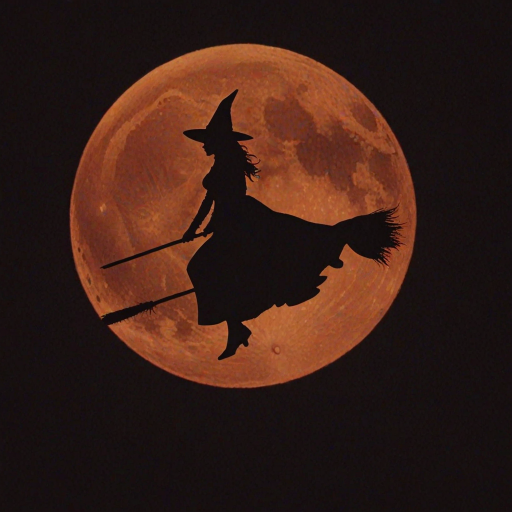 Double exposure, a silouette of a witch on a broomstick centered in the middle of an blood orange full moon.  Any suggestions on getting a good image of a witch on a broomstick centered in the middle of an blood orange full moon.  I tried different generators and changed the wording around.