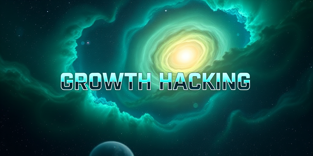 Create an image of a cosmic space scene with swirling galaxies and nebulae in shades of green and blue, featuring the words "GROWTH HACKING" in a bold, futuristic font that appears to recede into the distance, captured with a DSLR camera, 35mm lens, f/2.8 aperture, ISO 100, shot from a low angle with a wide depth of field to enhance clarity and detail.