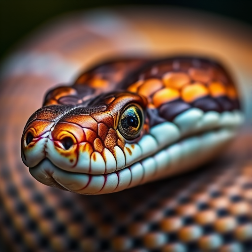 High-resolution macro shot of an iridescent snake with intricate scales, shallow depth of field, 85mm lens, f/2.8 aperture, ISO 200, natural light.