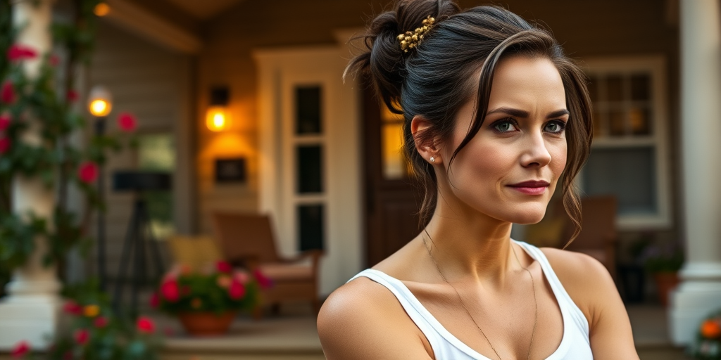 A photo of Reese Witherspoon with a background of a cozy porch. She has dark hair pulled back in an updo, with tendrils framing her face. She wears a white tank top and sits on the porch. The porch is part of a well-lit home with a warm, earthy tone and colorful flowers and foliage. The overall scene has a warm, welcoming, and comfortable ambiance.