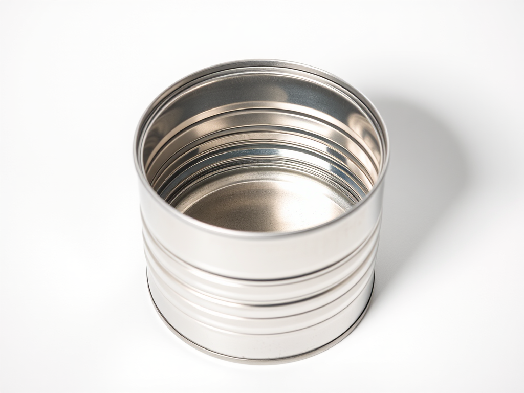 Generate a high-resolution image of an open tin can with a shiny metallic finish, shot in a studio setting with a 50mm lens at f/8, ISO 100, and 1/200 sec shutter speed, using softbox lighting to create even illumination and bring out the texture details.