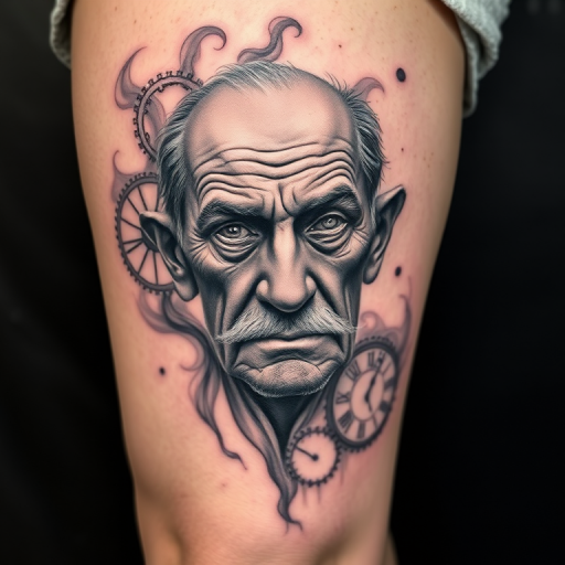 Realistic grayscale portrait tattoo on the thigh, depicting a wise elderly face with deep wrinkles and piercing eyes, surrounded by wisps of smoke and floating clock gears