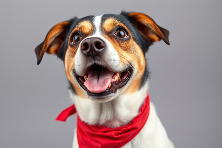 Capture a close-up portrait of a medium-sized dog with a playful expression, wearing a bright red bandana, using a 50mm lens at f/1.8, shoot at ISO 200, 1/100 sec shutter speed, soft diffused lighting from the left, in a studio setting with a plain gray background.