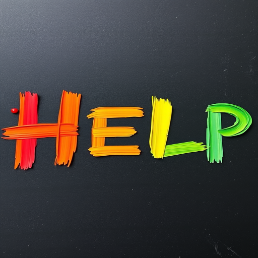Regenerate the image of the word HELP created with colorful strokes, use a DSLR camera, 50mm lens, f/1.8 aperture, ISO 100, shot in natural light from an overhead angle to enhance vibrancy and clarity.