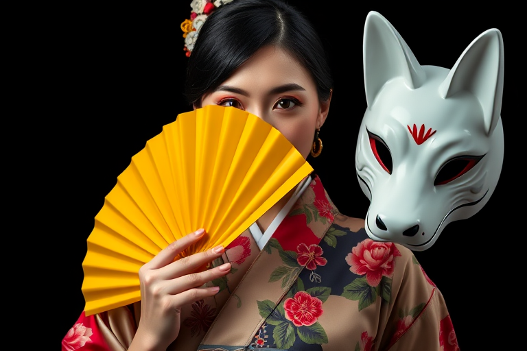 portrait of a woman in a floral kimono holding a yellow fan and a white mask with fox features, dramatic lighting, black background, camera settings: f/2.8 aperture, ISO 100, 1/200s shutter speed, camera view: close-up, camera style: studio photography, camera type: DSLR